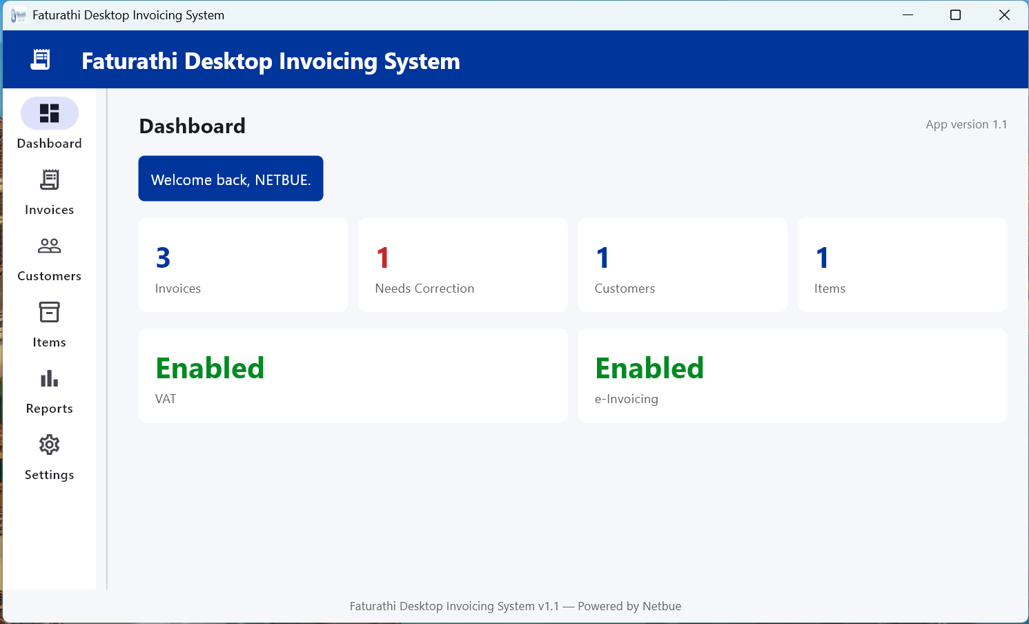 Faturathi Desktop dashboard showing invoice, customer and item totals with VAT and e-invoicing enabled