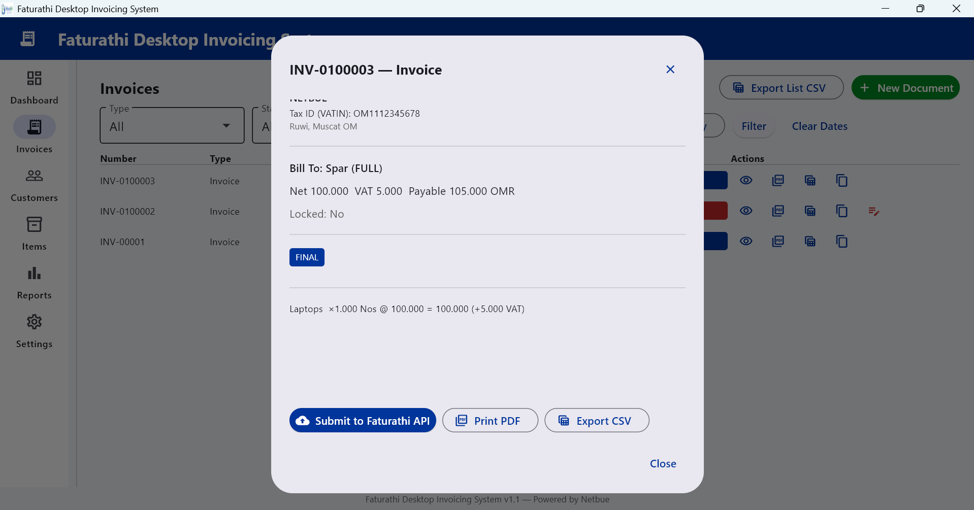 Faturathi Desktop invoice detail with options to submit to Faturathi API, print PDF and export CSV