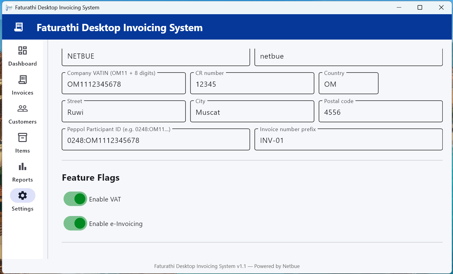 Faturathi Desktop settings with company VATIN, CR number, PEPPOL participant ID and feature flags