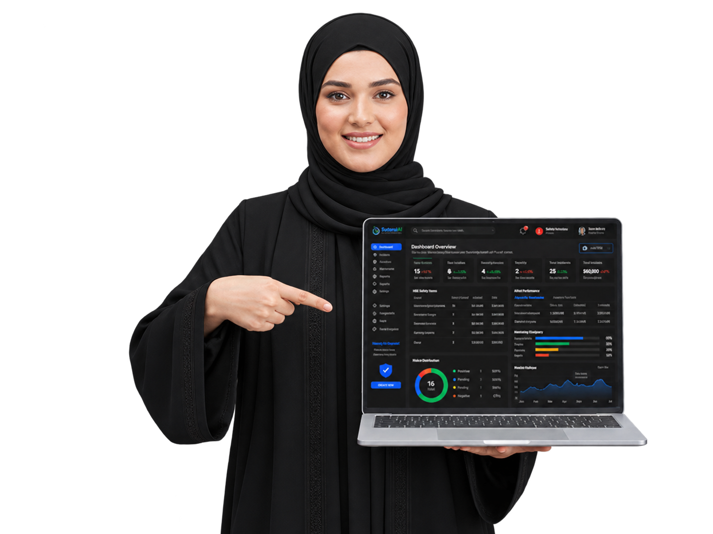 Omani businesswoman in a black abaya presenting the Faturathi dashboard